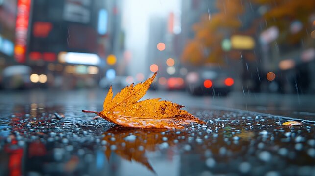 Autumn Leaf on Rainy City Street