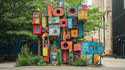 Colorful Urban Sculpture Made From Recycled Materials in City Park