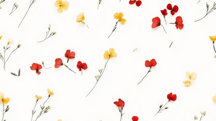 Obraz premium Floral Pattern Isolated, Yellow and Red Flowers on White Backdrop, Flat Lay Style, Nature