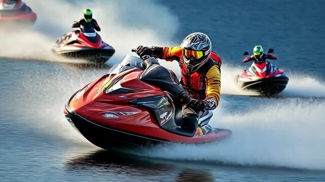 Adrenaline Rush: A photorealistic capture of a high-speed jet ski race, with racers cutting through the water at full throttle. Witness the excitement!