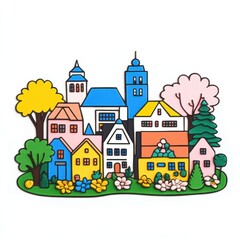 Fototapeta premium Colorful Cartoon Style Cityscape with Playful Architecture, Trees, and Flowers Set Against a Bright Background