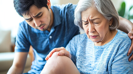 Fototapeta premium Son Supporting Elderly Mother with Knee Pain Relief in Indian Home.