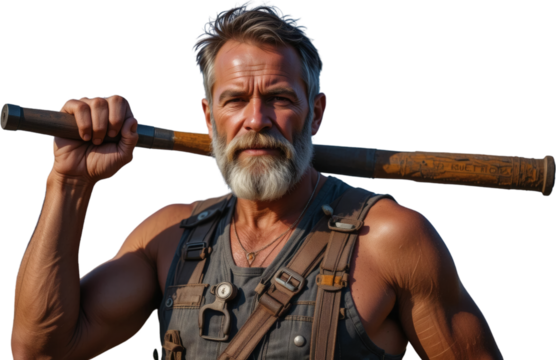 Mature Muscular Man with Grey Beard Carrying a Vintage Baseball Bat