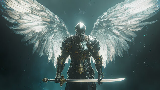 Dark armored figure with silver wings holding a sword. Holographic Angelic Figure. Illustration
