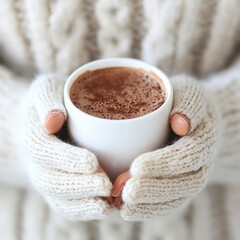 Cozy hands holding a warm cup of hot chocolate in a knitted sweater