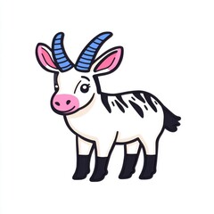 Obraz premium Cute cartoon goat illustration with blue striped horns, pink accents, and black spots on a white background