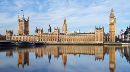 Fototapeta premium Iconic view of the Palace of Westminster and Big Ben reflecting on the River Thames under blue skies : Generative AI