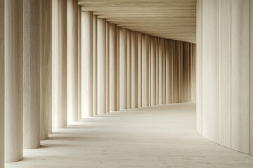 Fototapeta premium Wooden hallway, curved walls, light columns, interior design, architecture