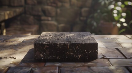 A polished granite countertop sample with a rich, speckled pattern, emphasizing its durable material and refined appearance.