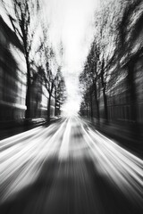 Abstract black and white motion blurred street with trees creating a dynamic visual : Generative AI