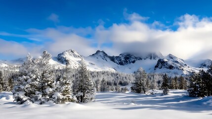 Fototapeta premium Stunning Winter Landscape with Snow-Covered Mountains and Pine Trees Under Blue Sky : Generative AI