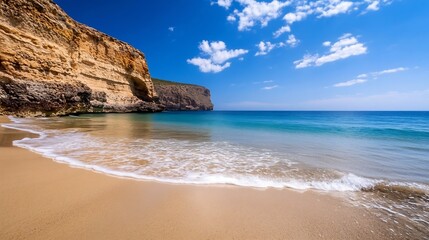 Serene Beach Scene with Clear Water and Gentle Waves on a Sunny Day : Generative AI