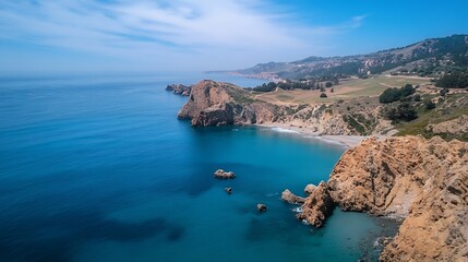 Fototapeta premium Stunning Coastal Landscape with Turquoise Waters and Rugged Cliffs Under Bright Sky : Generative AI