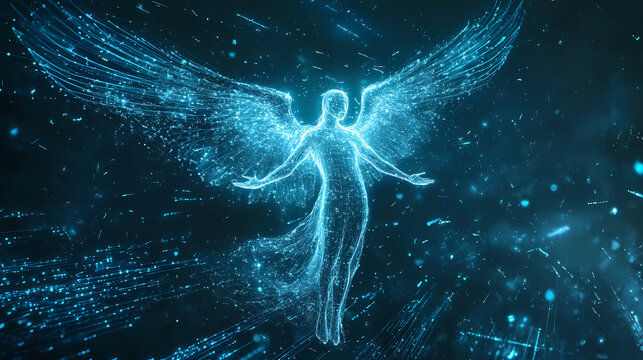 Holographic angelic figure emerging from data streams, dispelling a digital virus. Holographic Angelic Figure. Illustration
