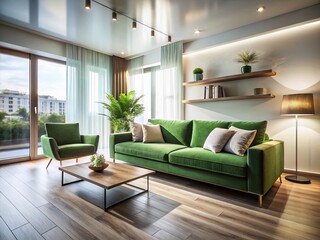 Modern Living Room Interior Design: Green Sofa, Long Exposure Photography