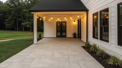 Fototapeta premium Cozy outdoor patio with string lights, modern home exterior, lush green background