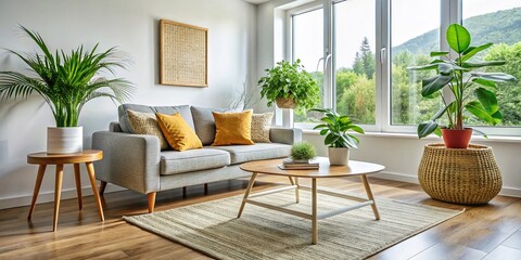 Modern Living Room Interior Design with Potted Plant on Wicker Table