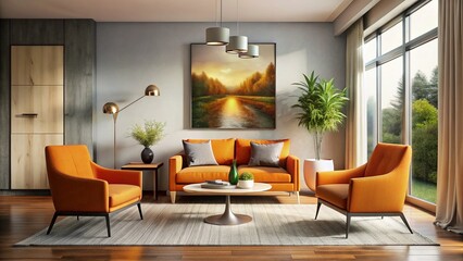 Modern Living Room Orange Chairs Abstract Art Interior Design Stock Photo