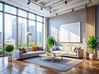 Modern Living Room Panoramic with Blank White Poster & Large Screen Mockup: Perfect for Interior Design & Advertising