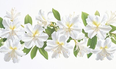 Obraz premium A vibrant arrangement of white flowers with green leaves, set against a soft background