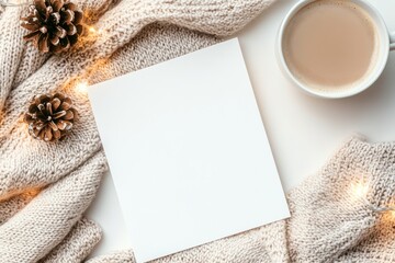 Cozy winter scene featuring a blank card on a knitted sweater with pinecones and a cup of coffee