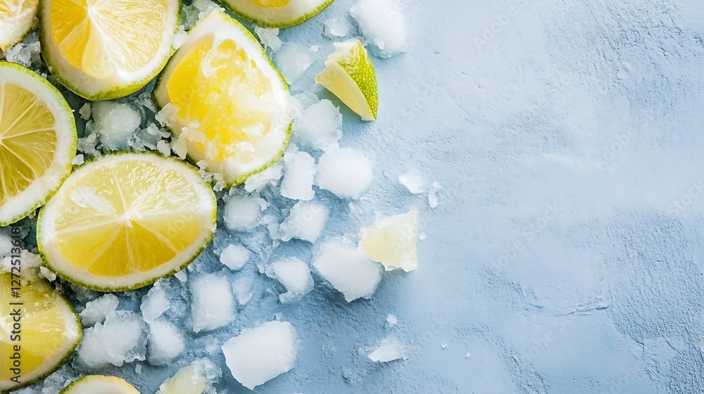 Poster Fresh lemon slices scattered on a light blue surface with crushed ice for a refreshing summer drink : Generative AI