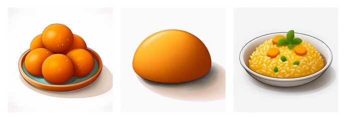 Three food items are displayed: a plate of oranges, a single orange, and a bowl of yellow rice with vegetable garnish.