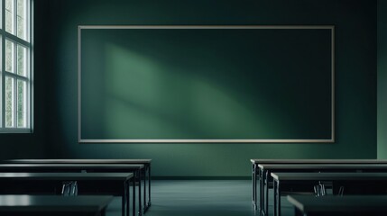 Empty classroom with a chalkboard and sunlight streaming in