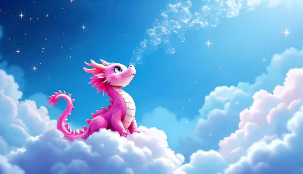 A cute pink dragon sits on clouds blowing bubbles under a starry sky.  A dreamy, whimsical scene.