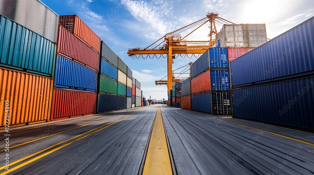 Poster container ship terminal with colorful shipping containers and clear blue sky : generative ai