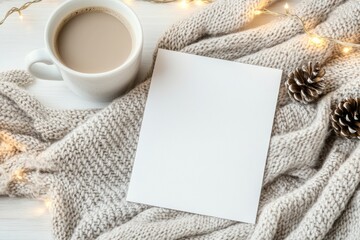Obraz premium Cozy winter scene with a blank card, coffee cup, and pinecones on a knitted blanket