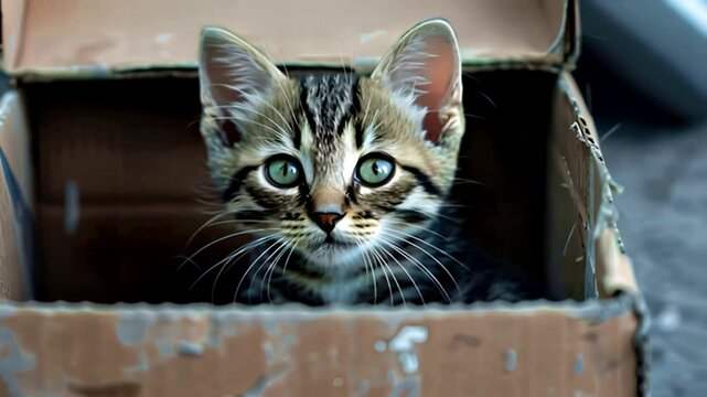 ダンボールの箱に入れられて捨てられた子猫のイメージ