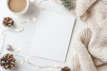Cozy winter scene with a blank card, coffee, pinecones, and fairy lights