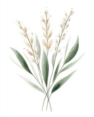Obraz premium Watercolor Floral Bouquet Elegant Green Leaves Beige Flower Stems on White Background