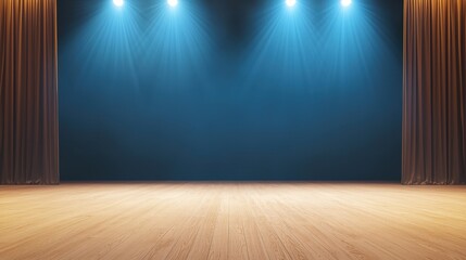 A dimly lit stage with blue lighting and curtains, ready for a performance.