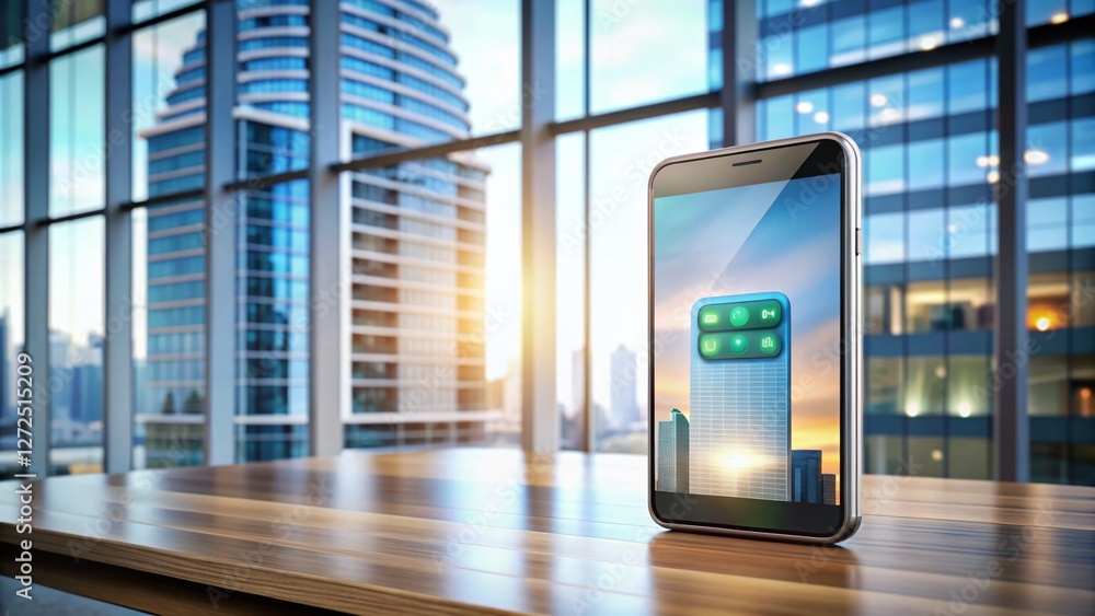 Poster modern smartphone displaying sms text message conversation on desk