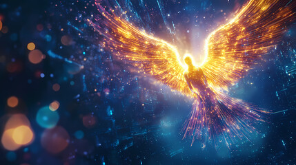 A luminous angelic figure radiates light in digital realm, evoking awe. Holographic Angelic Figure. Illustration