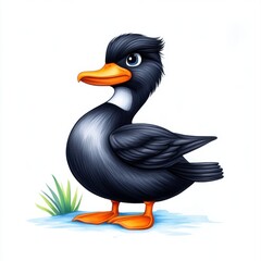 Naklejka premium Cute cartoon duck character with a glossy black body and vibrant orange beak, standing on a grassy patch