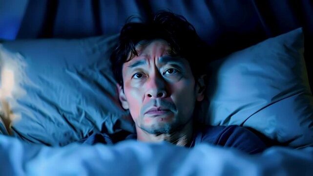 暗い部屋のベッドの上で悩む中年のアジア人男性