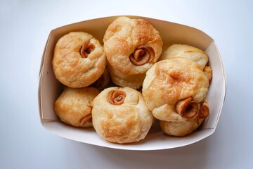 Close up view of Sourdough Focaccia Bread Muffins with pepperoni on white background in selective focus.