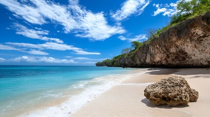 Fototapeta premium Breathtaking Tropical Beach Scene with Crystal Clear Water and Scenic Cliffs : Generative AI