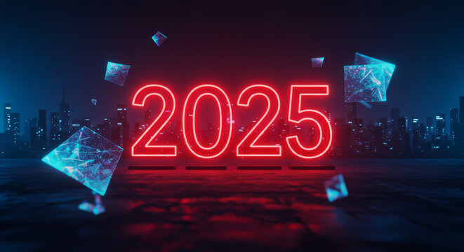 Glowing neon year numbers over futuristic city at night