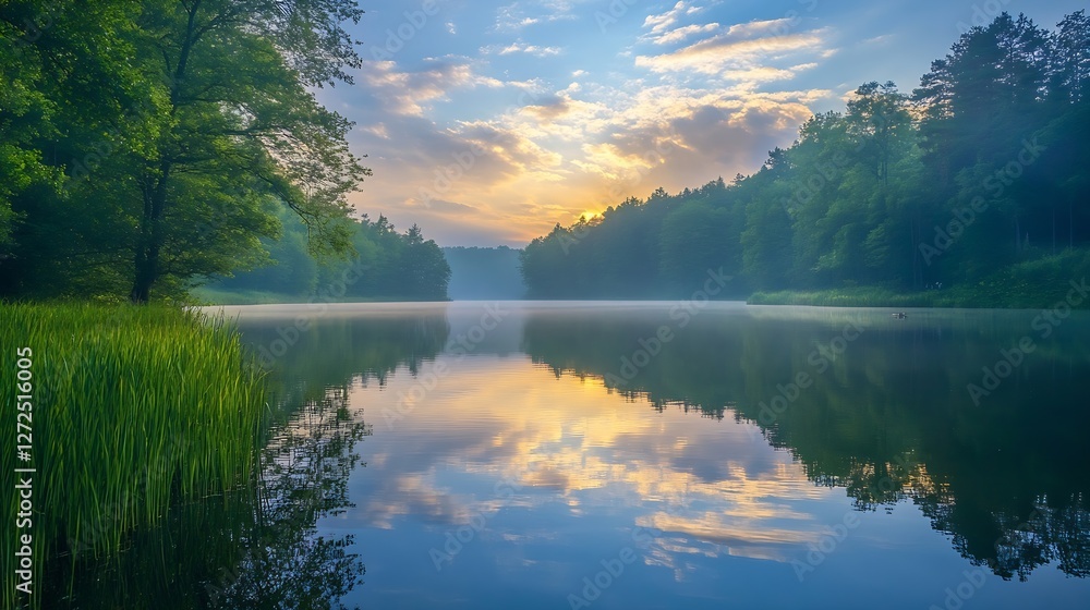 Poster tranquil lake at sunrise with vibrant clouds reflected on the water surrounded by lush trees : gener