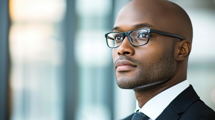A confident businessman in glasses gazes thoughtfully, dressed in a formal suit, with a blurred office background suggesting professionalism.