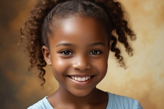 smiling little girl with curly hair and blue shirt posing for a picture