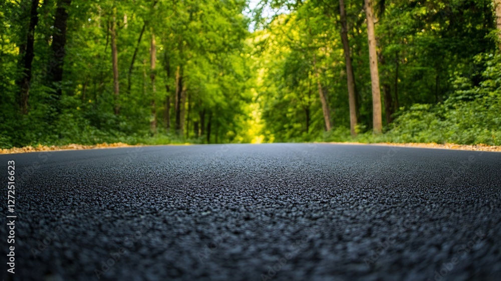 Poster peaceful view of a paved road surrounded by lush green trees during daytime : generative ai