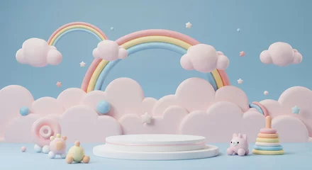 Pastel colored cartoon baby scene with podium and toys