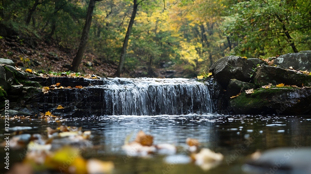 Poster serene forest waterfall surrounded by autumn foliage and reflective pool : generative ai