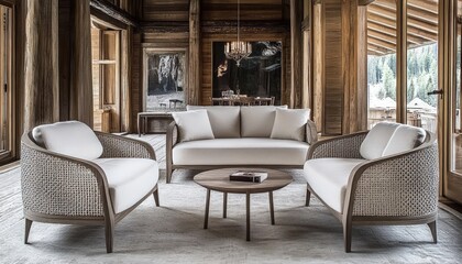 Fototapeta premium Neutral Upholstered Sofa Set in Rustic Wooden Cabin Interior