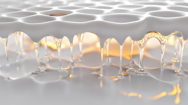 Dripping honeycomb on white studio background with hyper real dramatic lighting. Hyper-Real Light Reflections. Illustration